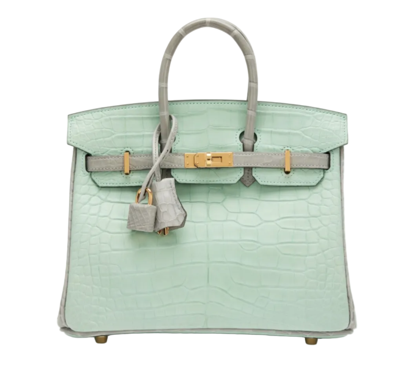 Hermès
Vert D'Eau and Gris Perle Matte Alligator Birkin 25 Gold Hardware