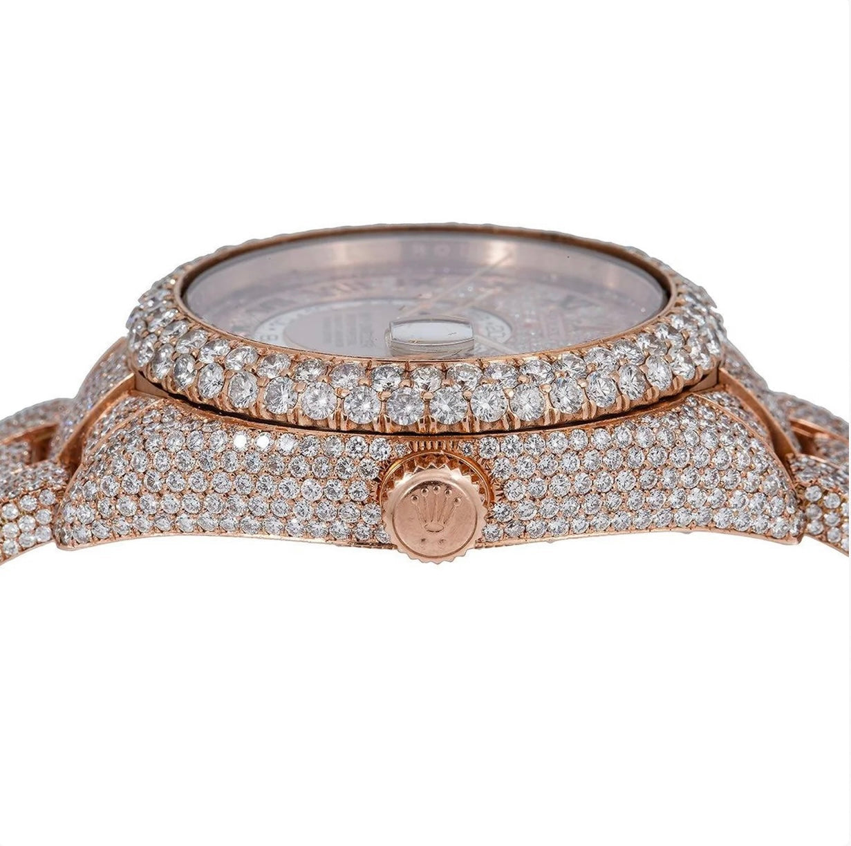 Rolex Sky Dweller 18k Rose Gold With Custom 45 Carat White VS Diamonds