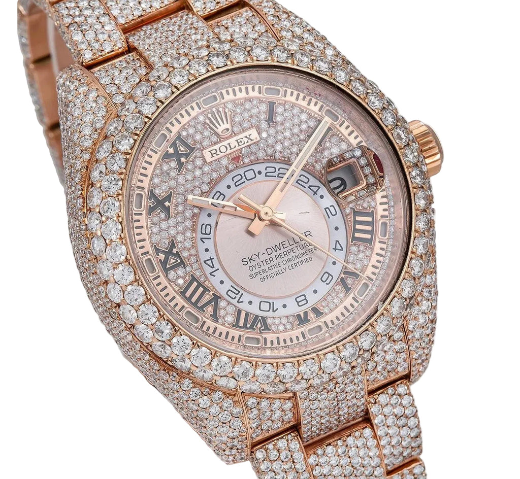 Rolex Sky Dweller 18k Rose Gold With Custom 45 Carat White VS Diamonds