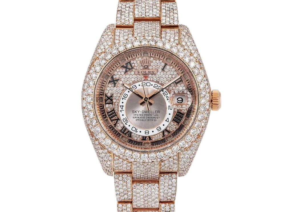 Rolex Sky Dweller 18k Rose Gold With Custom 45 Carat White VS Diamonds