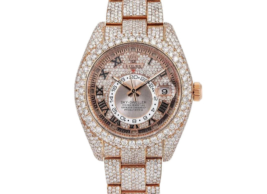 RLX Sky Dweller 18k Rose Gold With Custom 45 Carat White VS Diamonds